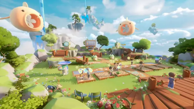 Pebble balloons floating over a shared farm in Loftia