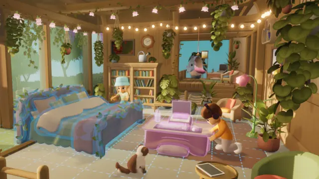 A decorated Loftia bedroom with plants, string lights and a desk